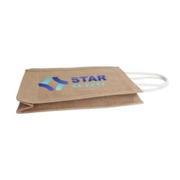 A jute double wine carrier in a natural brown hue with white handles and a logo printed on the front.