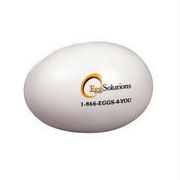 A white egg-shaped stress reliever with a logo printed on one side.