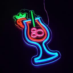 A neon LED sign featuring a colourful cocktail glass with a strawberry, glowing in green, blue, and pink.