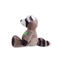 A plush raccoon toy in brown and grey, featuring a striped tail and a small logo on its side.