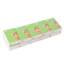 A stack of rectangular pocket tissues in green packaging featuring a cartoon character. Each box is visible.
