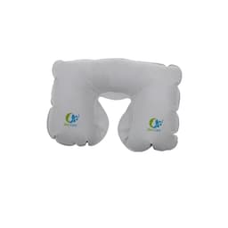 An inflatable travel pillow in white, featuring rounded edges and a logo on one side.