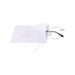 A white RPET lens pouch containing a pair of glasses, featuring a drawstring closure and simple design.