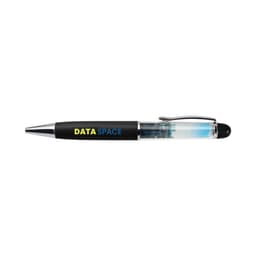 A floating pen featuring a black barrel and clear body, with a logo visible on the side.