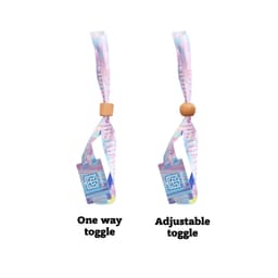 Two RPET fabric wristbands in pastel colours, featuring an adjustable toggle and a one-way toggle design. Each has a logo.