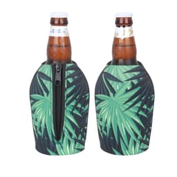 A drink bottle cooler in green tropical leaf design, featuring a zipper, accommodating two bottles.