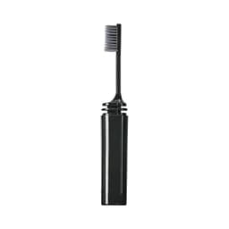 A foldable toothbrush in black with a compact design and protective cover for the bristles.