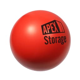 A round red stress ball shaped like a baseball, featuring a logo on one side.
