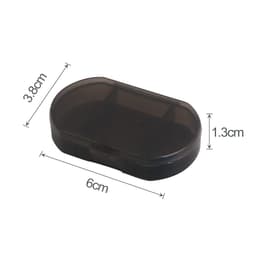 A black pill box with three compartments, measuring 6 cm by 3.8 cm by 1.3 cm. It features a secure closure.