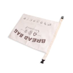 A reusable linen bread bag in natural colour, featuring a clip closure and a logo design.