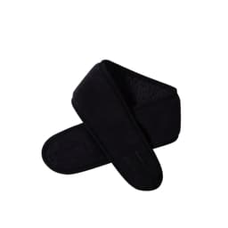 A black promotional headband made of soft material, featuring a logo and a comfortable design.