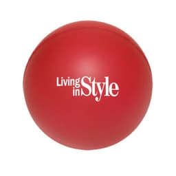 A red 50mm ball-shaped stress reliever with a logo.
