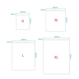 Self-adhesive biodegradable bags in various sizes, featuring a clear design with a simple layout.