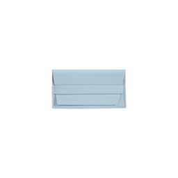 A light blue PU leather glasses pouch with a flap closure and a logo.