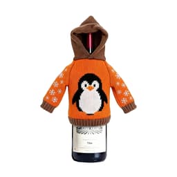 A drink bottle covered with a customisable knitted wine bottle cover featuring a penguin design and a brown hood.