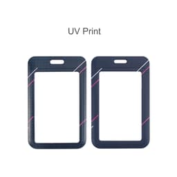 A double-sided ID card holder in navy blue with a pattern and a logo, featuring cutouts for cards.