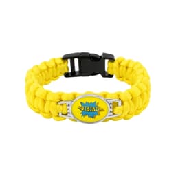 A yellow braided paracord bracelet featuring a themed pendant with a decorative design and a black clasp.