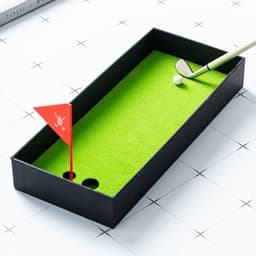 A black box containing a green felt golf putting surface, golf club, ball, and a small red flag.