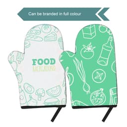 A green neoprene oven mitt featuring food illustrations on one side and a simple design on the other. It has a logo.