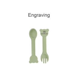A bear-shaped silicone kids cutlery set in soft green, featuring a spoon and fork, with a small logo.