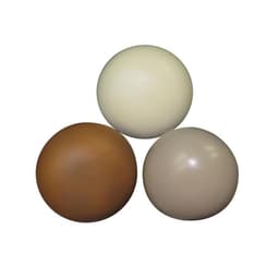 Three round stress relievers in brown, cream, and light beige colours arranged in a triangular formation.