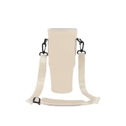 A drink bottle carrier bag in beige with adjustable straps and clips for easy transport.