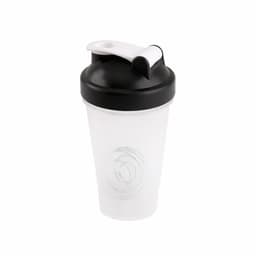 A drink bottle with a black lid and white body, featuring a logo and a flip-top spout, suited for fitness use.