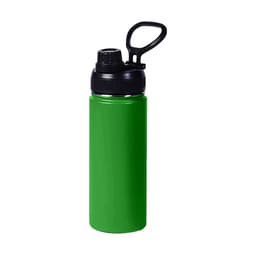 A drink bottle in bright green stainless steel with a black screw cap and carry handle.
