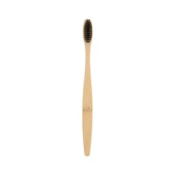 A large bamboo toothbrush with a natural bamboo handle and black bristles, featuring a logo on the handle.