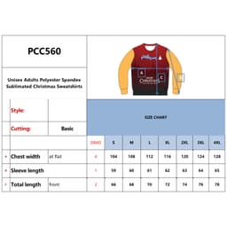 A selection of unisex Christmas sweatshirts in various colours, featuring a size chart and product details.