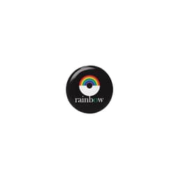 A round black sticker featuring a rainbow design above the word "rainbow" in white text.
