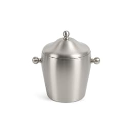 A stainless steel ice bucket with a smooth finish and decorative lid, featuring two rounded handles.