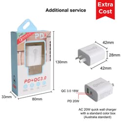 A packaging box for a compact white PD and QC 3.0 wall charger, featuring an AC 20W quick charger design.