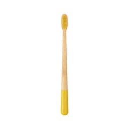 A large toothbrush with a conical handle, featuring a yellow grip and a bamboo body. It has a textured bristle head.