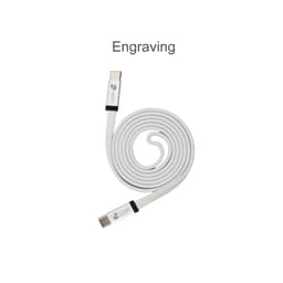A flat braided charging cable in white, featuring a logo on one end and connecting ports on both ends.