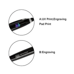 A black metal pen with a logo, featuring options for UV printing and engraving.