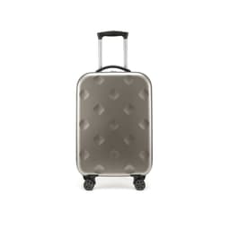 A collapsible suitcase in grey with a textured surface, featuring a retractable handle and four wheels.