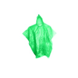 A bright green poncho made of lightweight plastic, featuring a hood and loose-fitting design. It has a logo.