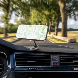 A sleek black magnetic car phone holder showcases a smartphone mounted on a dashboard, displaying a map.