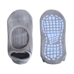 A pair of grey open top yoga socks featuring a textured underside for grip, with a logo on one sock.