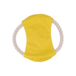 A yellow rope frisbee dog toy featuring a soft fabric centre and sturdy rope edges.