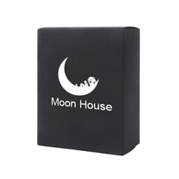 A small black gift box with a curved moon design and a label featuring the text "Moon House."
