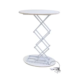 A backlit LED spring-up display table in white with a round top and a collapsible scissor mechanism.