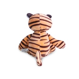A plush toy in the shape of a tiger, featuring orange fur with black stripes and a friendly expression.