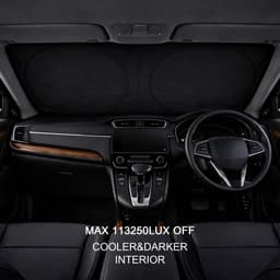 A Twin Circular Light-blocking Car Sun Shade in black, installed across a car's front windshield, with a dark interior.