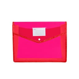 A pink expanding document folder with a red border and a clear label area on the front. It has a button closure.