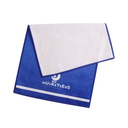 A blue sports towel with a white terry cloth side and a logo on it, measuring 30x50cm.