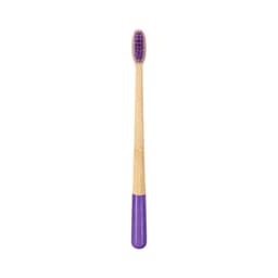 A large conical handle toothbrush with a wooden bamboo body and a purple handle.