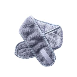A grey promotional headband made of soft material, featuring a logo and a comfortable design.