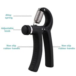 A black adjustable hand grip with a non-slip rubber handle and alloy spring, featuring an adjustable knob.